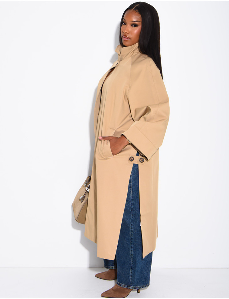 Oversized trench coat with a stand-up collar and side slits