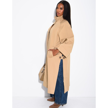 Oversized trench coat with a stand-up collar and side slits