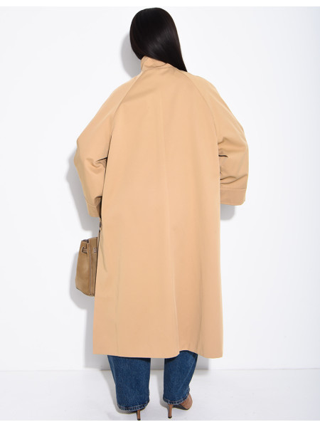 Oversized trench coat with a stand-up collar and side slits