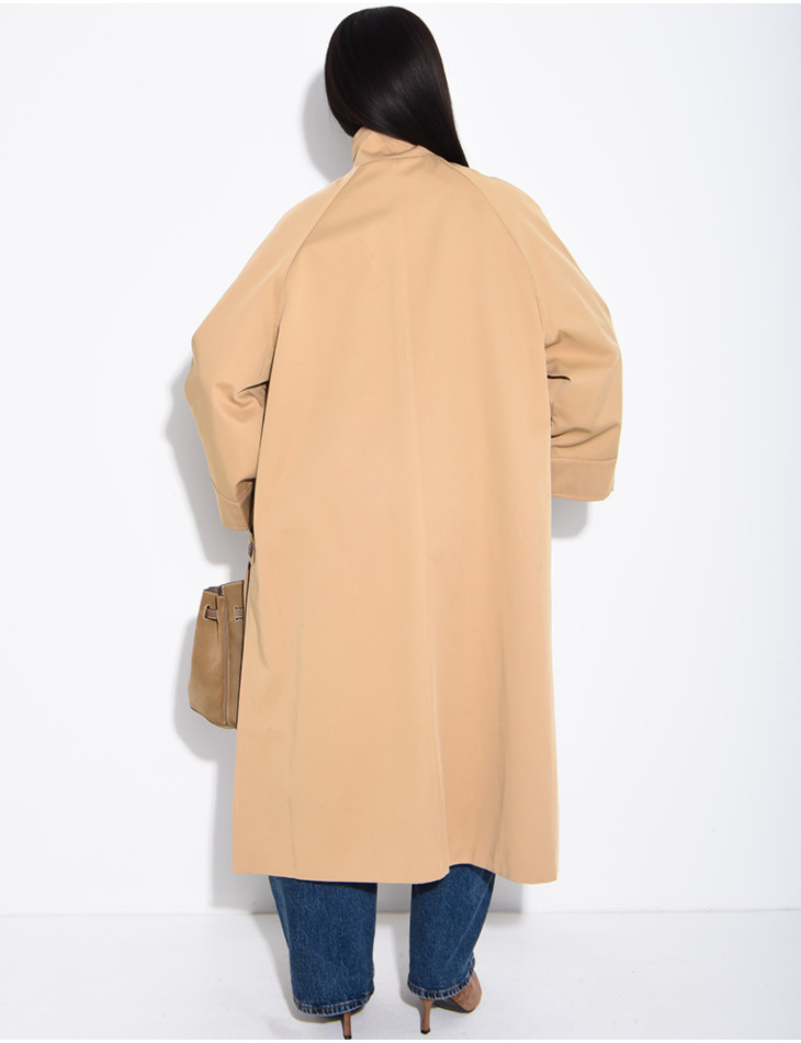 Oversized trench coat with a stand-up collar and side slits