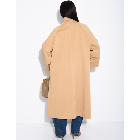 Oversized trench coat with a stand-up collar and side slits