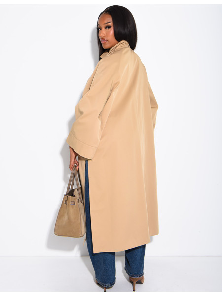 Oversized trench coat with a stand-up collar and side slits