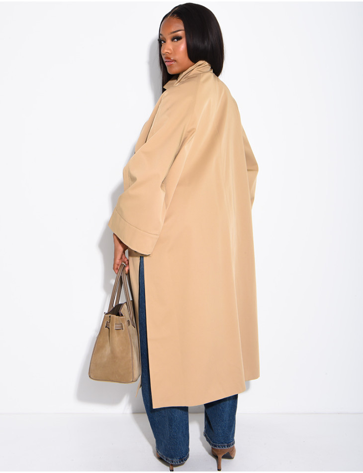 Oversized trench coat with a stand-up collar and side slits