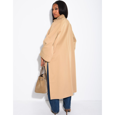 Oversized trench coat with a stand-up collar and side slits