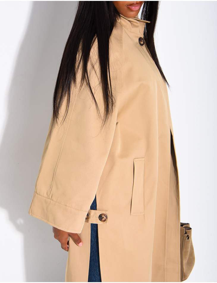 Oversized trench coat with a stand-up collar and side slits