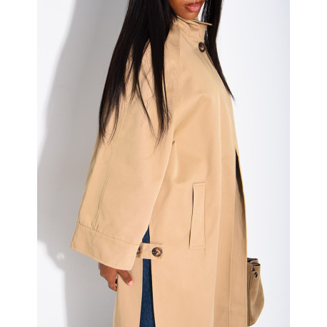 Oversized trench coat with a stand-up collar and side slits