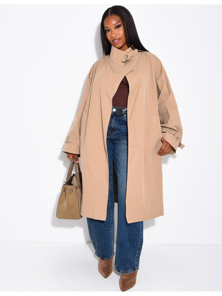 Long, oversized trench coat with a stand-up collar and straps