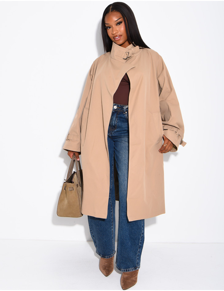 Long, oversized trench coat with a stand-up collar and straps