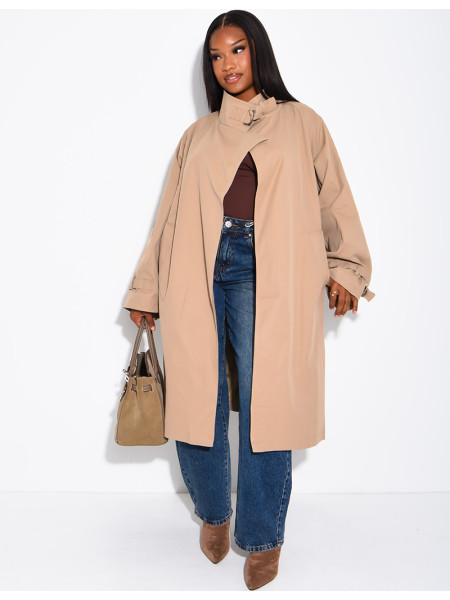 Long, oversized trench coat with a stand-up collar and straps