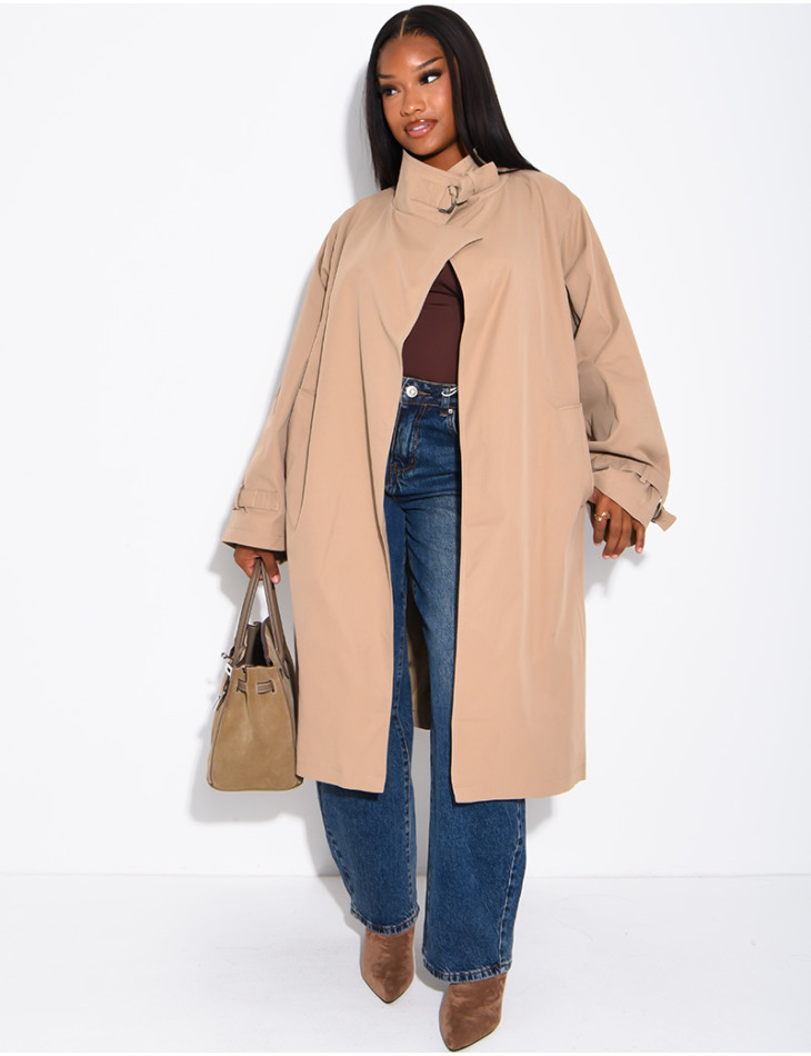 Long, oversized trench coat with a stand-up collar and straps