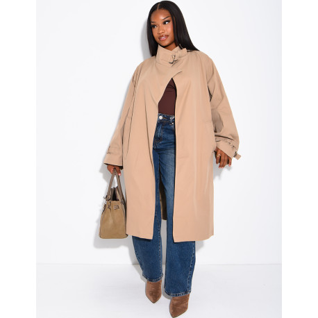 Long, oversized trench coat with a stand-up collar and straps