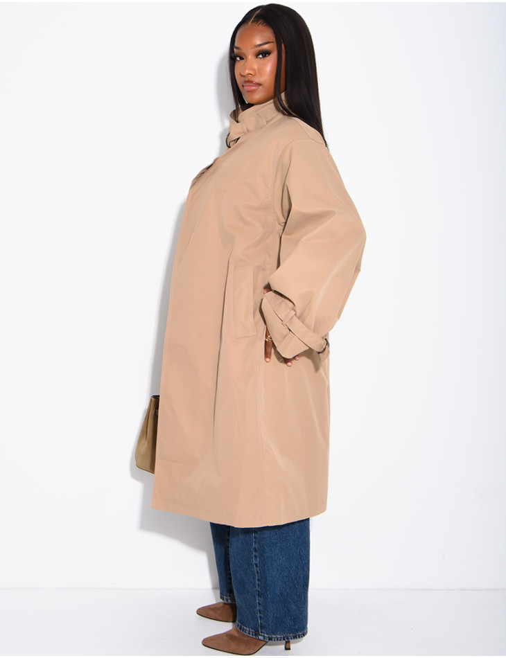 Long, oversized trench coat with a stand-up collar and straps