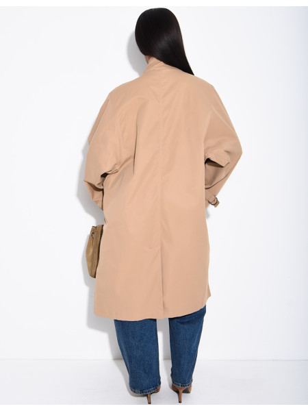 Long, oversized trench coat with a stand-up collar and straps