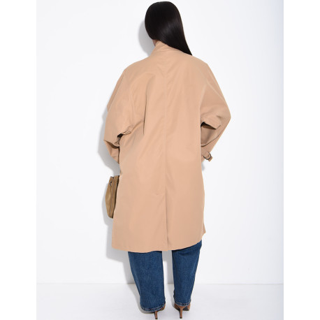 Long, oversized trench coat with a stand-up collar and straps