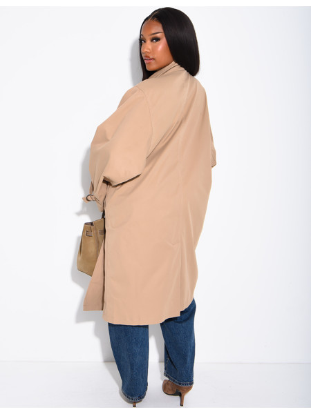Long, oversized trench coat with a stand-up collar and straps