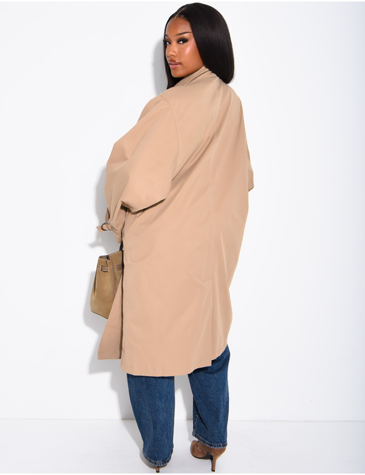 Long, oversized trench coat with a stand-up collar and straps