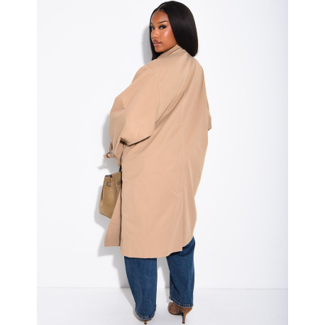Long, oversized trench coat with a stand-up collar and straps