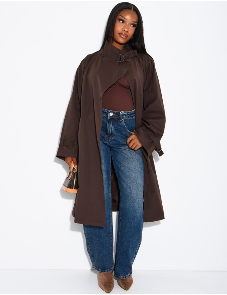 Trench long et oversize col montant à sangles