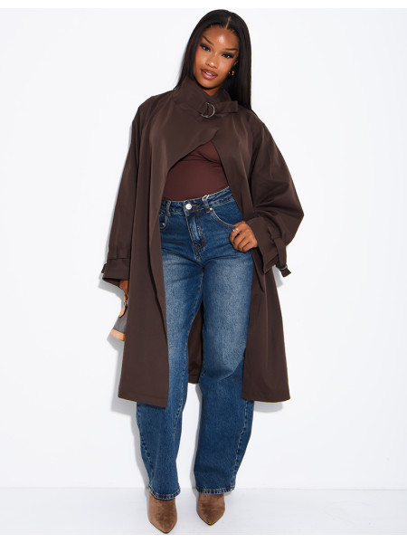 Trench long et oversize col montant à sangles