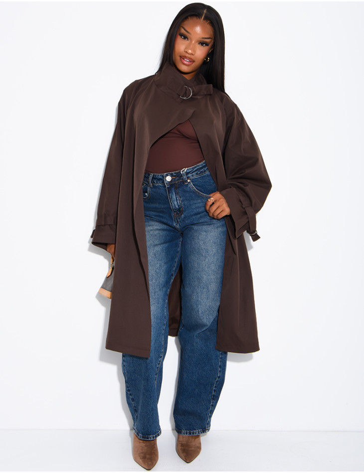 Trench long et oversize col montant à sangles