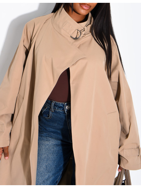 Long, oversized trench coat with a stand-up collar and straps