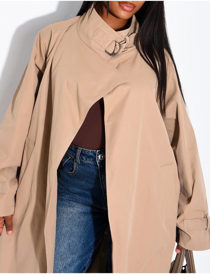 Long, oversized trench coat with a stand-up collar and straps