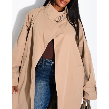 Long, oversized trench coat with a stand-up collar and straps