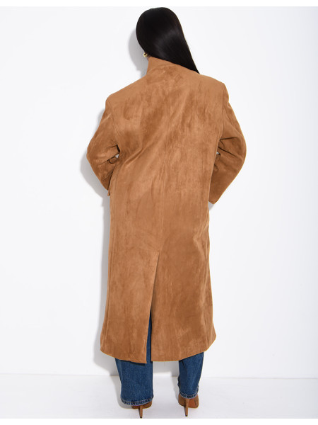 Blazer très long en daim à col montant