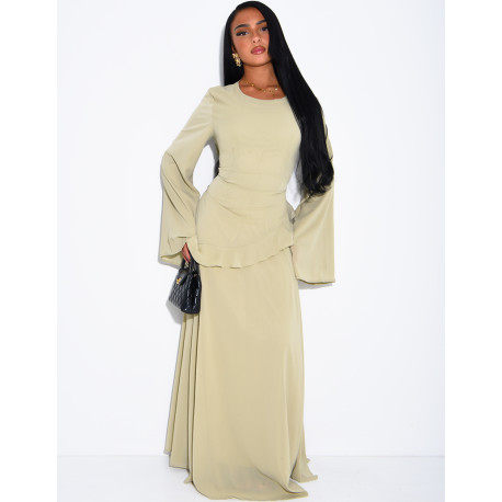 Modest voile dress with ruffles and a lace-up back