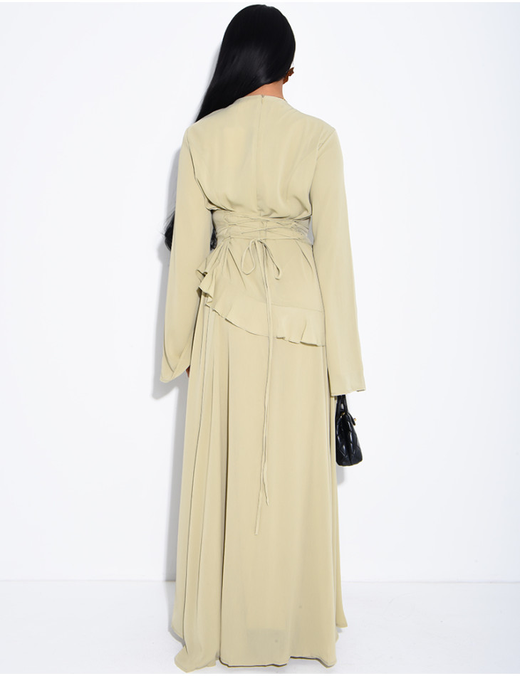 Modest voile dress with ruffles and a lace-up back