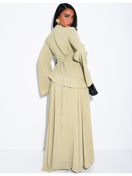 Modest voile dress with ruffles and a lace-up back