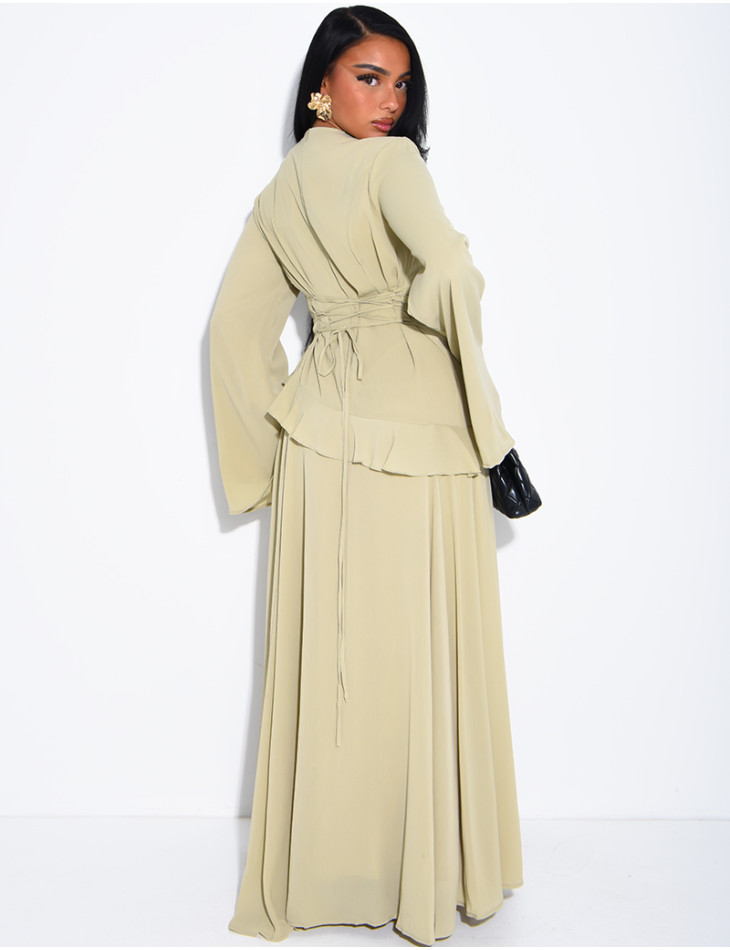 Modest voile dress with ruffles and a lace-up back