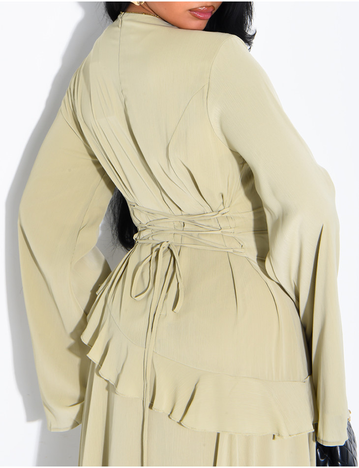Modest voile dress with ruffles and a lace-up back
