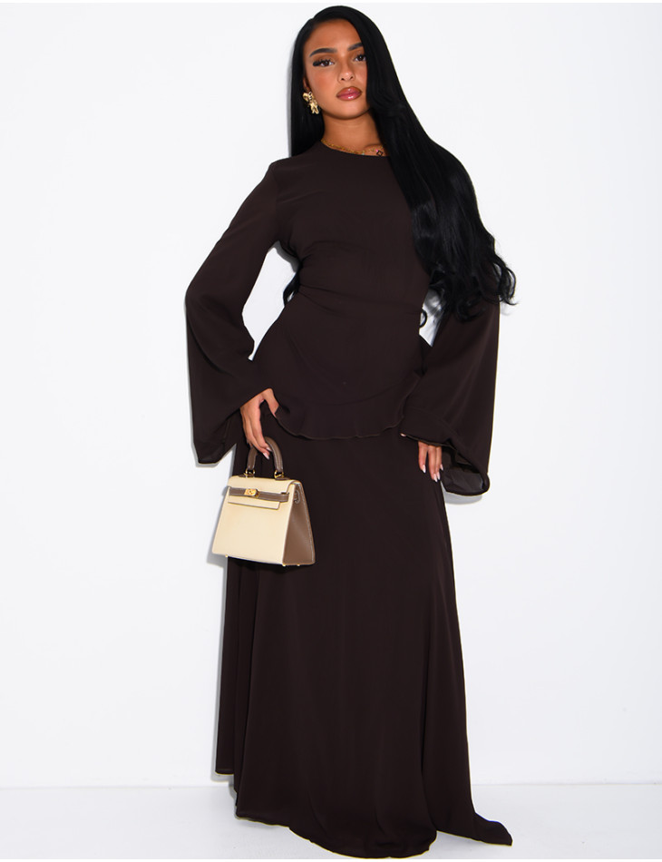 Modest voile dress with ruffles and a lace-up back