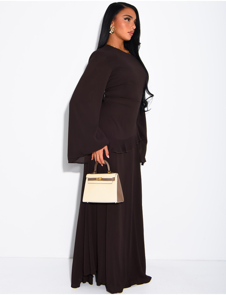 Modest voile dress with ruffles and a lace-up back