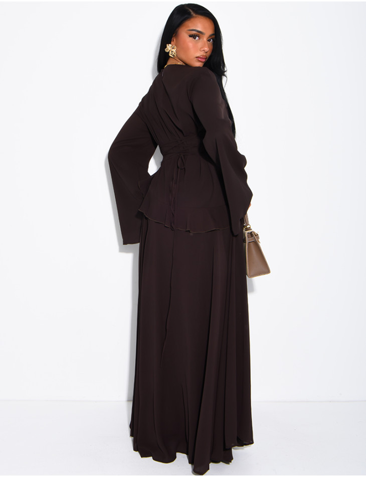 Modest voile dress with ruffles and a lace-up back