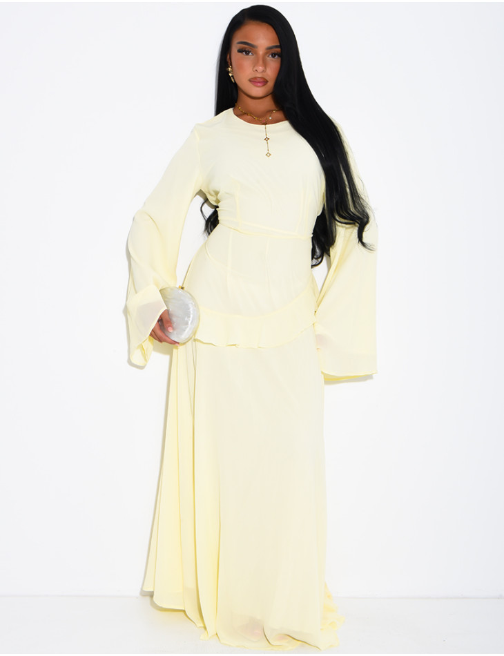 Modest voile dress with ruffles and a lace-up back