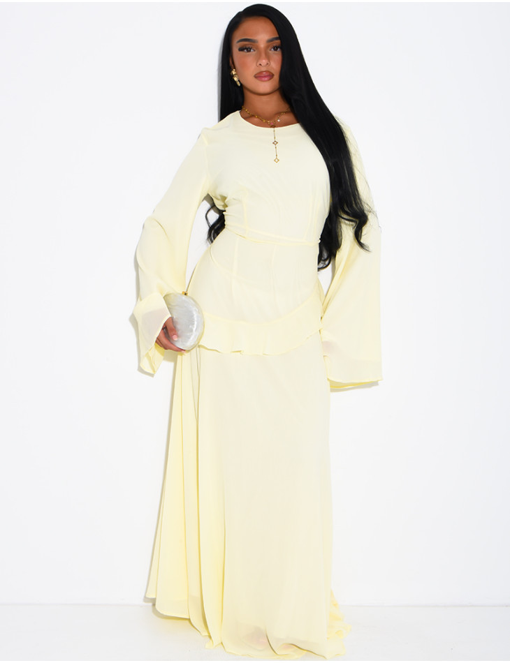 Modest voile dress with ruffles and a lace-up back