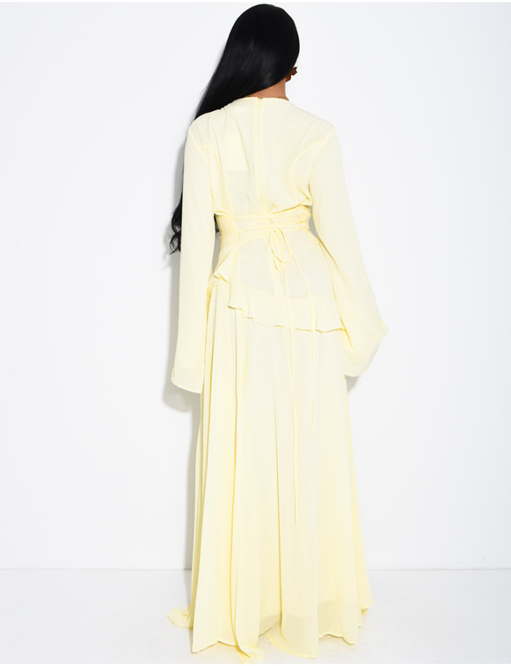 Modest voile dress with ruffles and a lace-up back