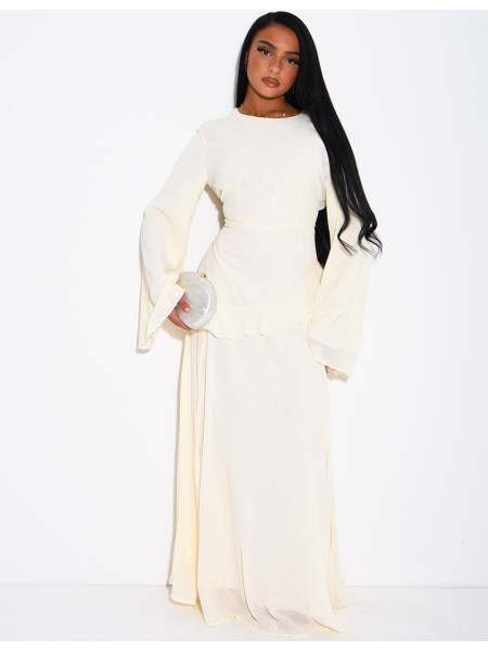 Modest voile dress with ruffles and a lace-up back