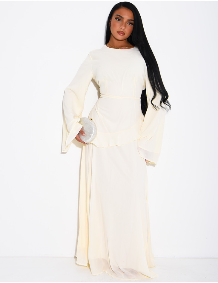 Modest voile dress with ruffles and a lace-up back