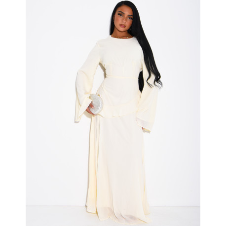 Modest voile dress with ruffles and a lace-up back