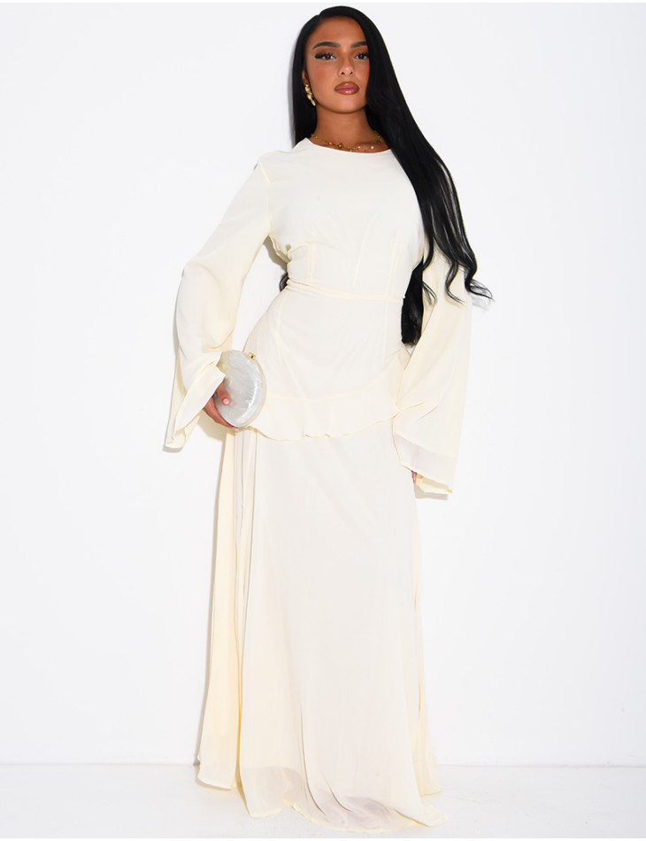 Modest voile dress with ruffles and a lace-up back
