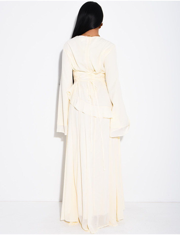 Modest voile dress with ruffles and a lace-up back