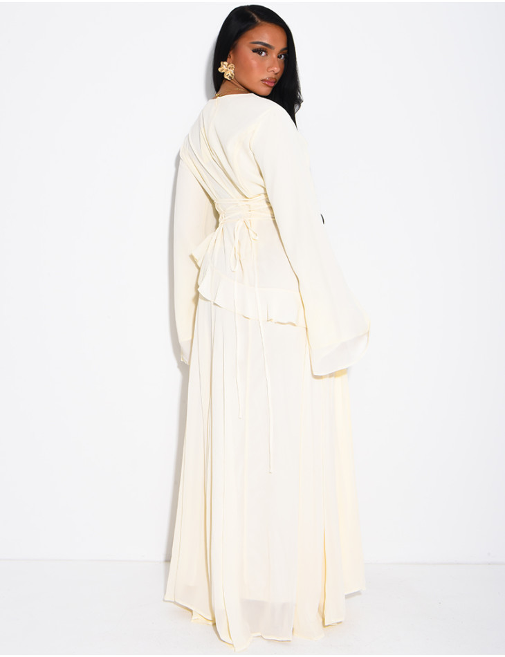 Modest voile dress with ruffles and a lace-up back
