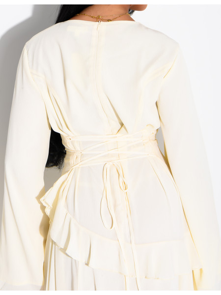 Modest voile dress with ruffles and a lace-up back
