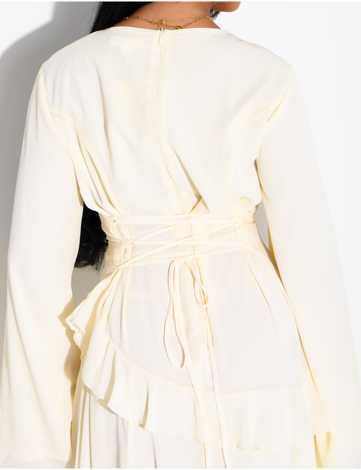 Modest voile dress with ruffles and a lace-up back