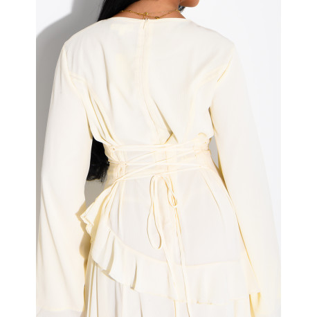 Modest voile dress with ruffles and a lace-up back