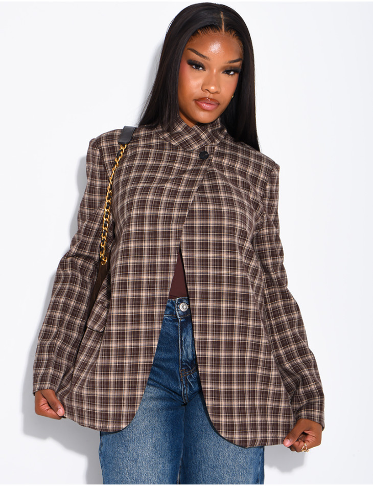 Oversize-Blazer mit Stehkragen und Karomuster