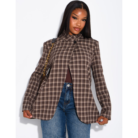 Oversize-Blazer mit Stehkragen und Karomuster